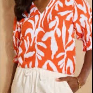 THML Puff Sleeve Orange and White Patterned Blouse Linen Blend - M